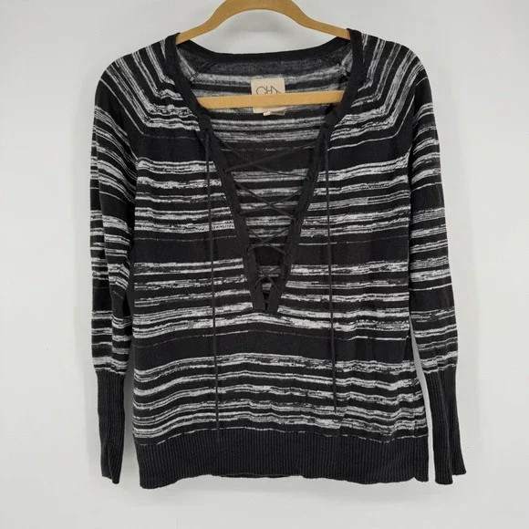 Revolve Chaser Sweater 100% Linen Women's XS Lace Up Striped Space Dye - Picture 1 of 7